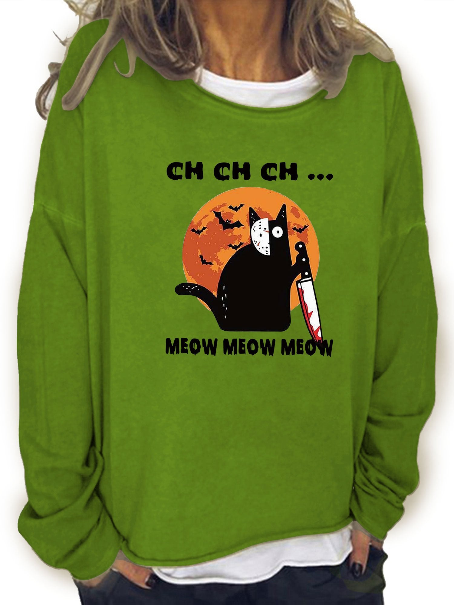 Halloween Cat Print Sweatshirt Long Sleeve Crew Neck