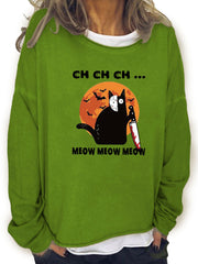 Halloween Cat Print Sweatshirt Long Sleeve Crew Neck