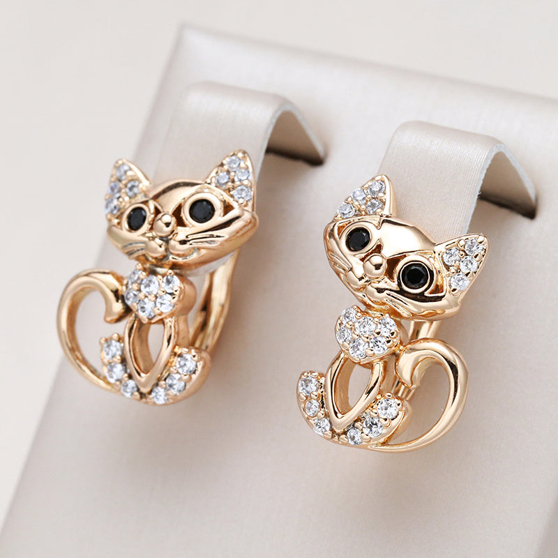 Golden Cat Earrings Micro Wax Inlay Zircon Jewelry for Women