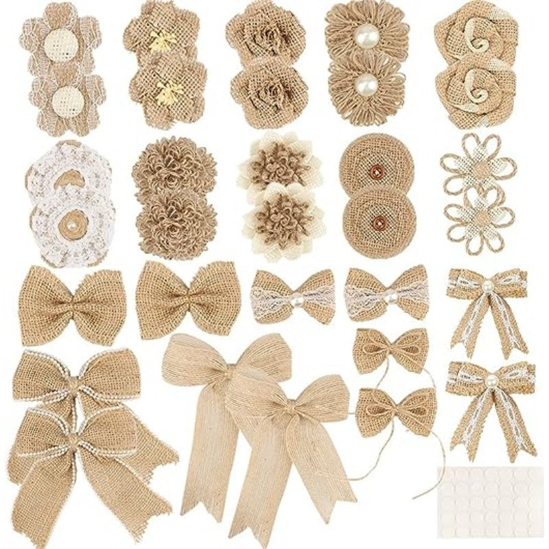 Burlap Flowers & Bows Set Rustic Pearl Wedding Crafts