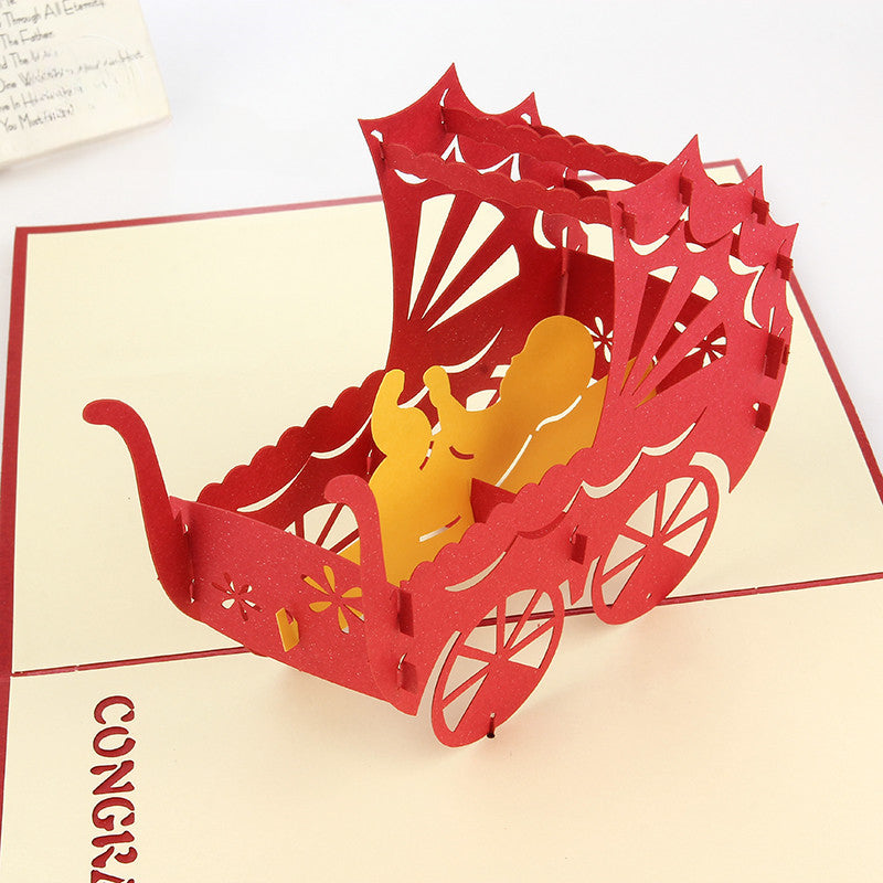 3D Paper Carving Baby Carriage Greeting Card