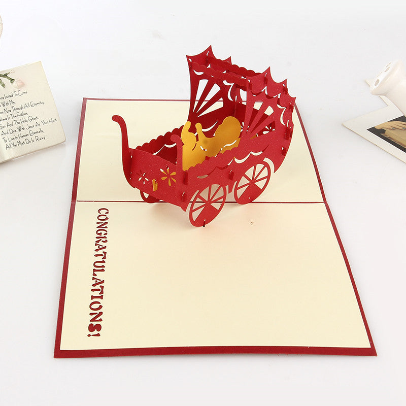 3D Paper Carving Baby Carriage Greeting Card