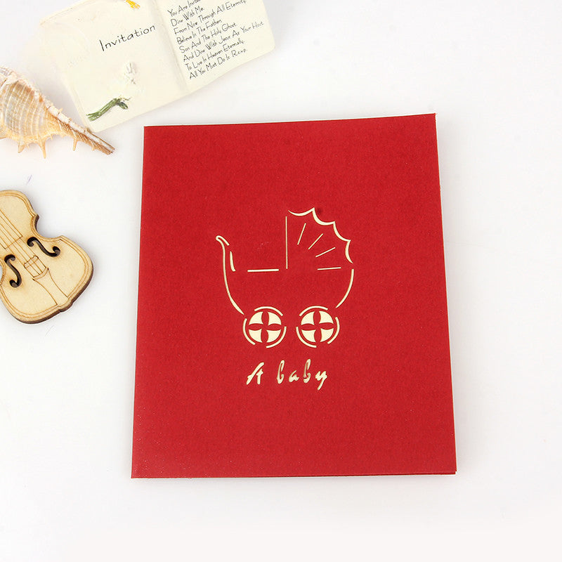 3D Paper Carving Baby Carriage Greeting Card