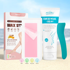 Women's Hair Removal Kit - Gentle Painless Set with Wax Paper & Cream