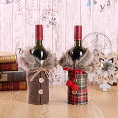 Faux Fur Collar Button Coat Wine Bottle Covers Christmas Decoration