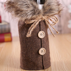 Faux Fur Collar Button Coat Wine Bottle Covers Christmas Decoration