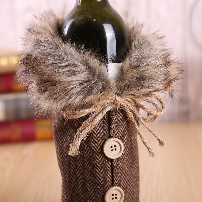 Faux Fur Collar Button Coat Wine Bottle Covers Christmas Decoration