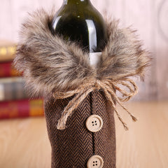 Faux Fur Collar Button Coat Wine Bottle Covers Christmas Decoration