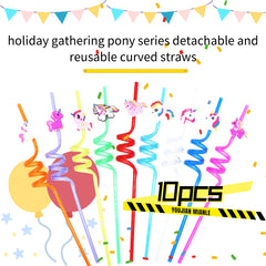 10pcs Cartoon Pony Reusable Curved Straws For Summer Pool Parties