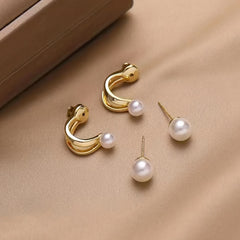 Curved Metal Faux Pearl Stud Earrings for Girls