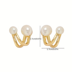 Curved Metal Faux Pearl Stud Earrings for Girls