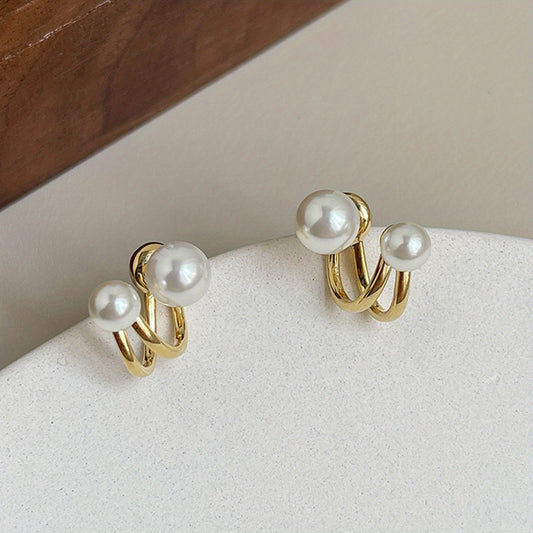 Curved Metal Faux Pearl Stud Earrings for Girls