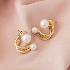 Curved Metal Faux Pearl Stud Earrings for Girls