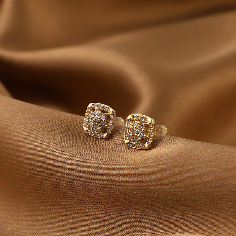 Girl's Square Flower Copper Micro Inlaid Zircon Earrings