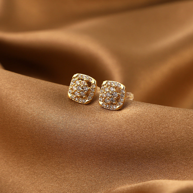 Girl's Square Flower Copper Micro Inlaid Zircon Earrings