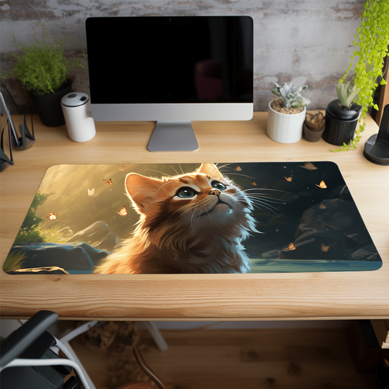 Cat Butterfly Long Mouse Pad for Game Office Non-slip