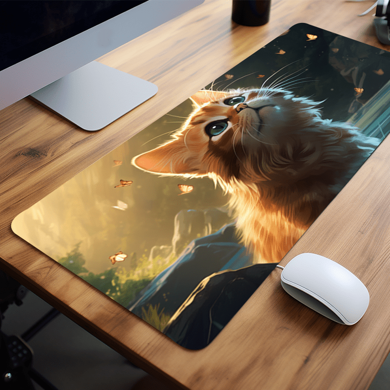 Cat Butterfly Long Mouse Pad for Game Office Non-slip