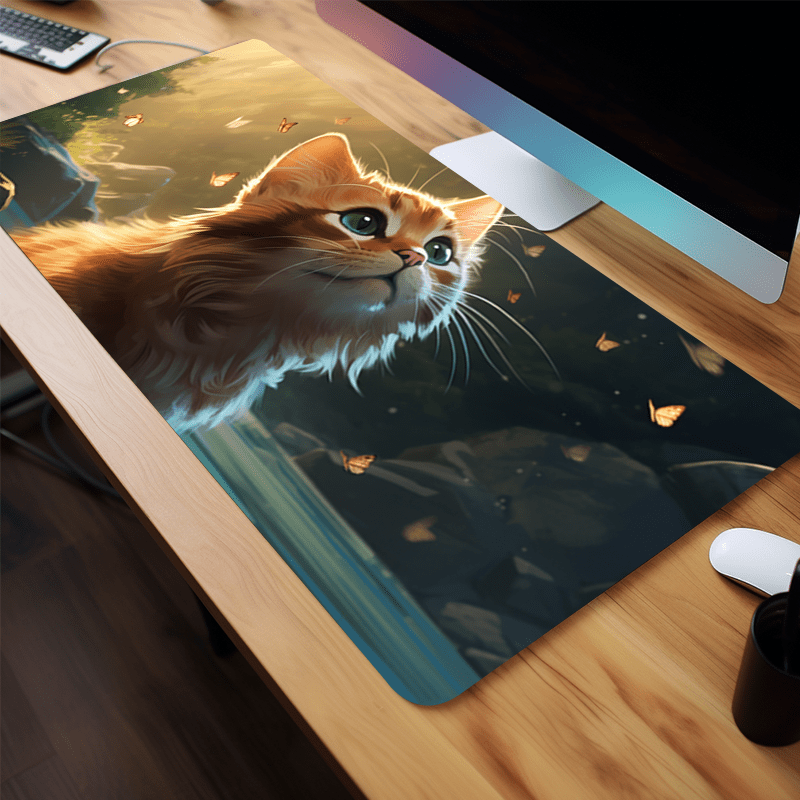 Cat Butterfly Long Mouse Pad for Game Office Non-slip