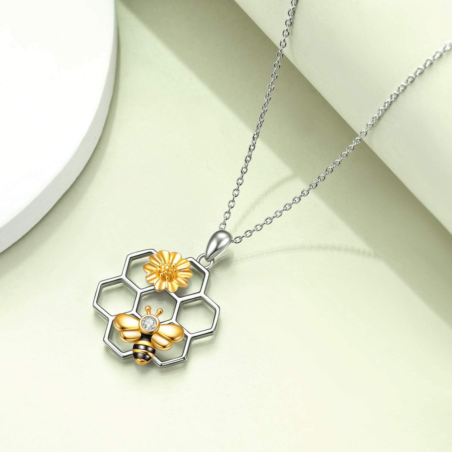 Bee Sunflower Honeycomb Pendant Necklace Women Girls Gift