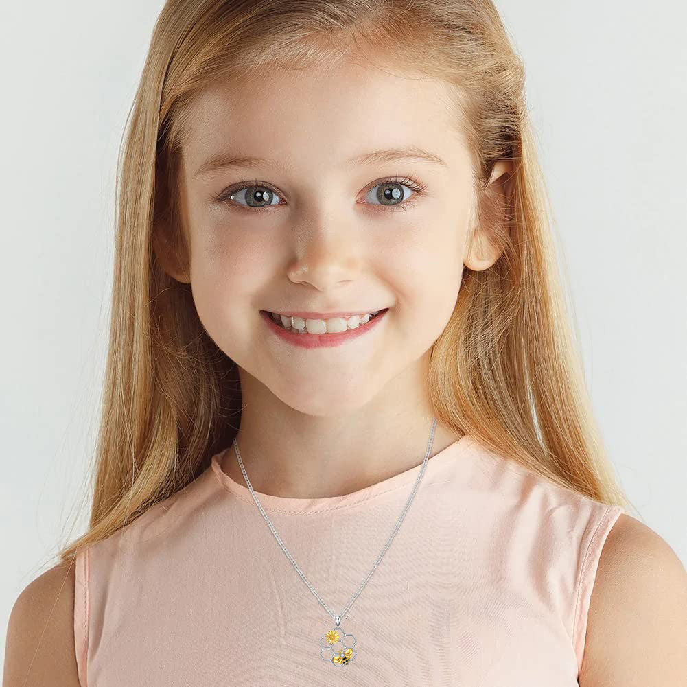 Bee Sunflower Honeycomb Pendant Necklace Women Girls Gift
