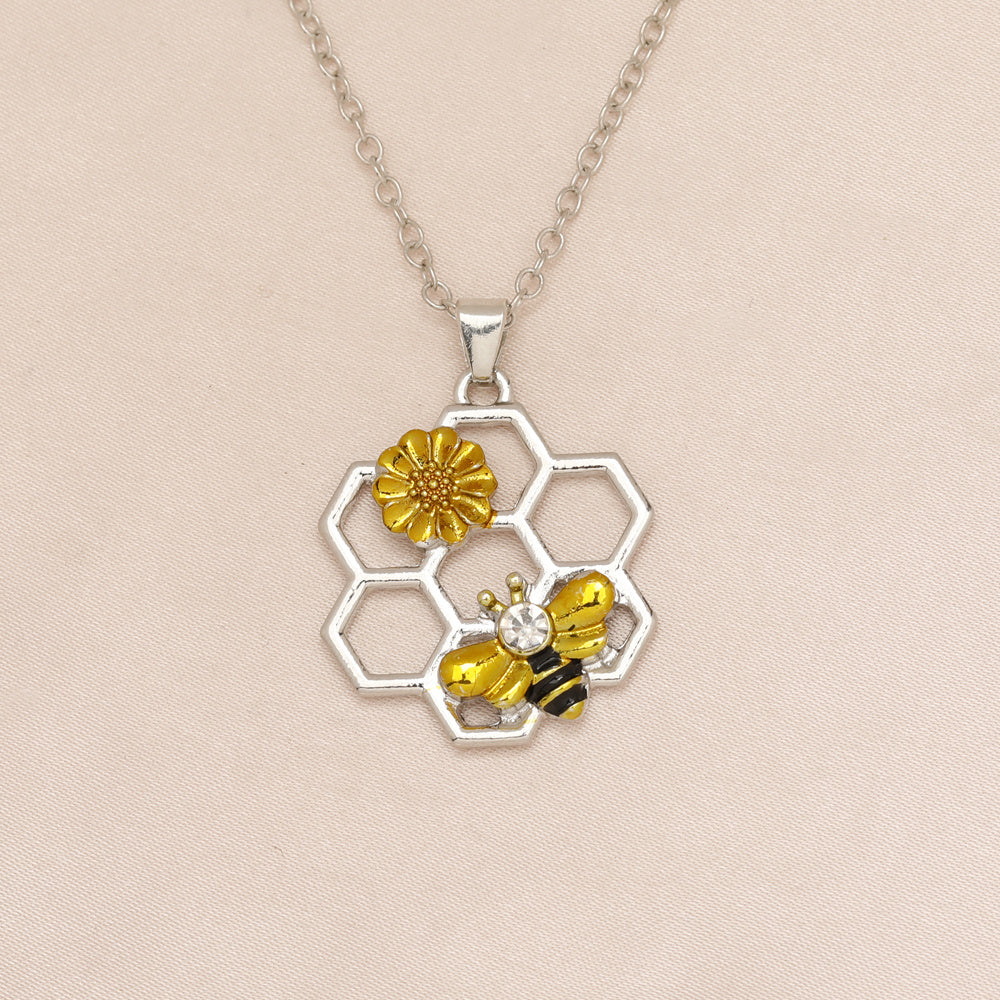 Bee Sunflower Honeycomb Pendant Necklace Women Girls Gift