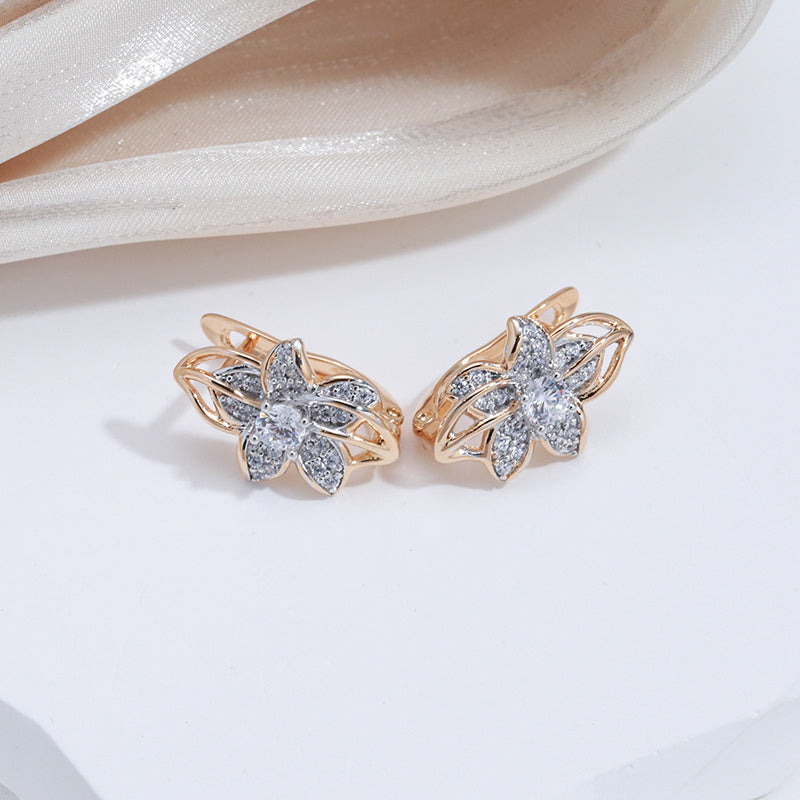 Golden Silvery Flower Earrings Zircon Bride Wedding Jewelry
