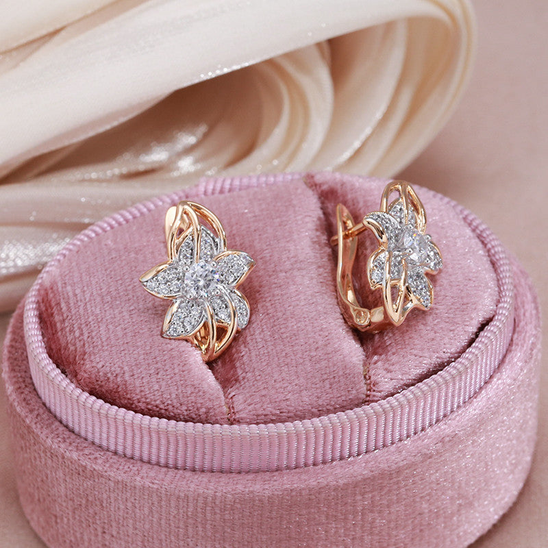 Golden Silvery Flower Earrings Zircon Bride Wedding Jewelry
