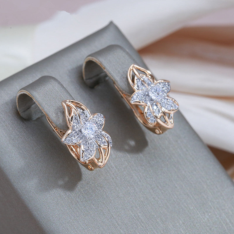 Golden Silvery Flower Earrings Zircon Bride Wedding Jewelry