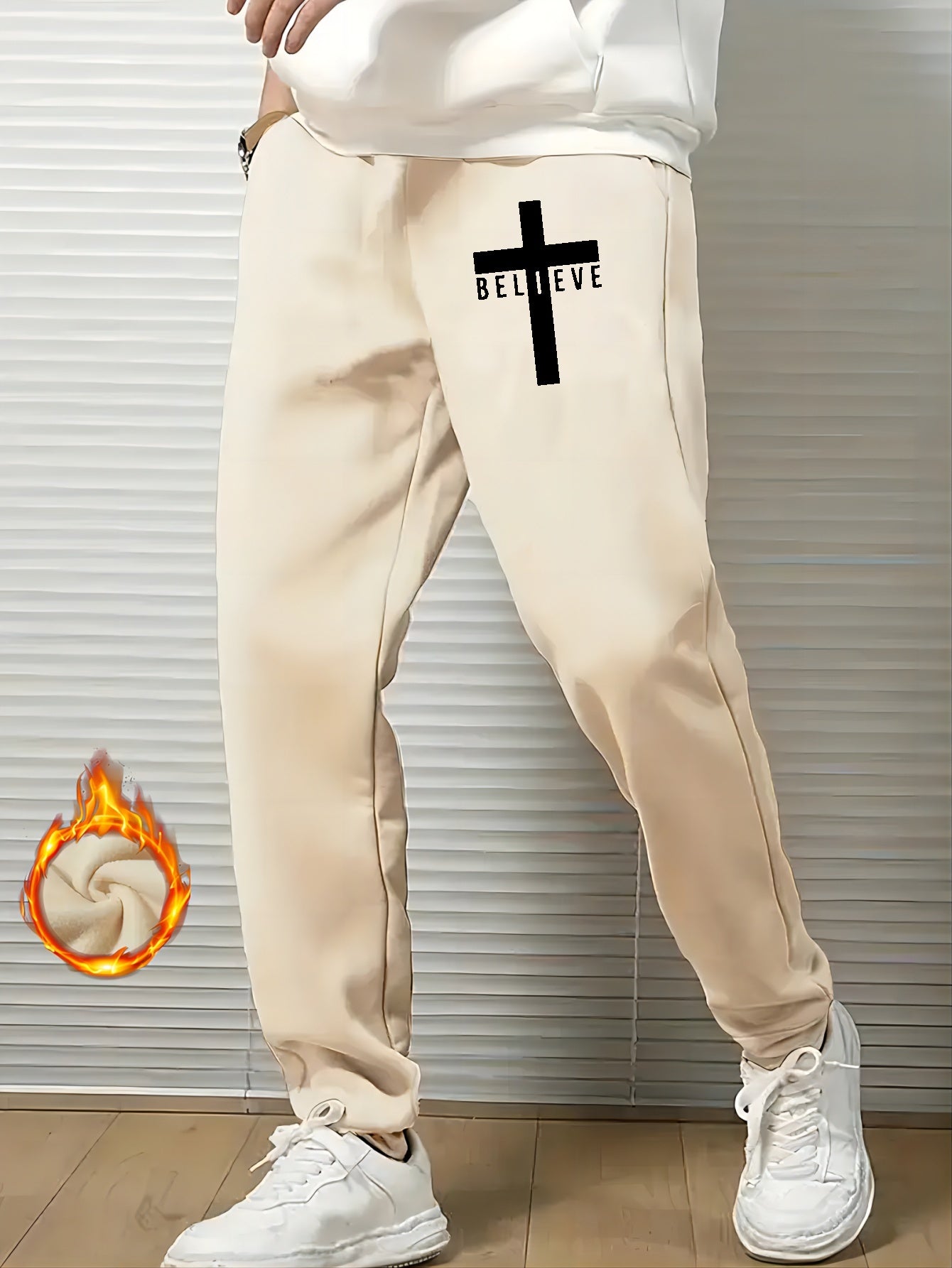 Men's Believe & Cross Print Sweatpants Drawstring Joggers For Fall Winter