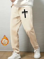 Men's Believe & Cross Print Sweatpants Drawstring Joggers For Fall Winter