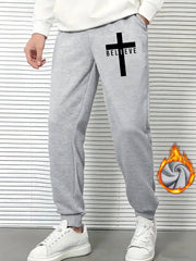Men's Believe & Cross Print Sweatpants Drawstring Joggers For Fall Winter