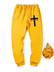 Men's Believe & Cross Print Sweatpants Drawstring Joggers For Fall Winter