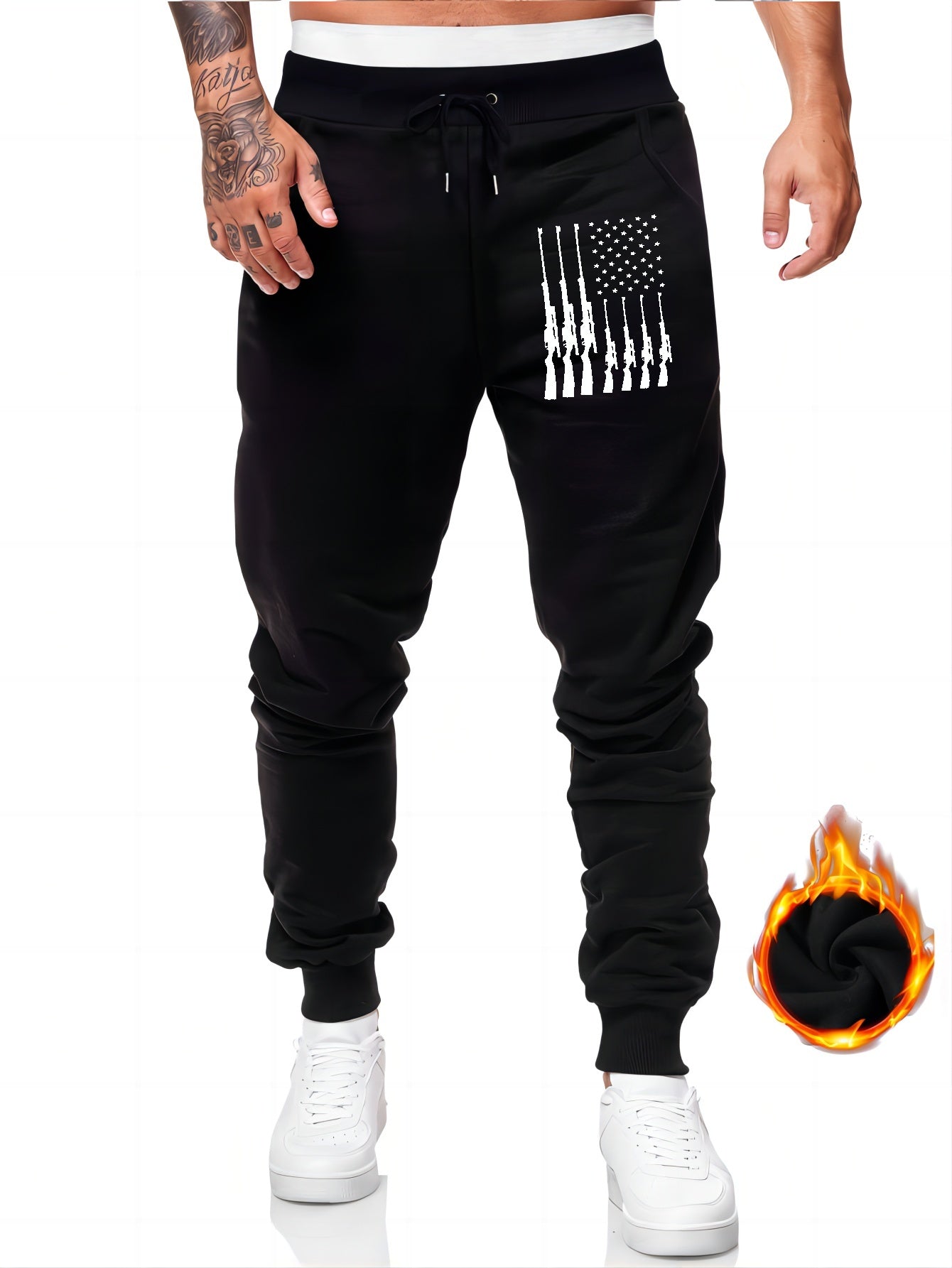 Men's Gun & Star Print Sweatpants Casual Drawstring Joggers for Fall Winter