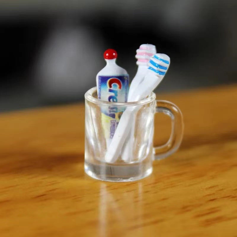 Dollhouse Mini Resin Cup Toothpaste Toothbrush Set 1:6 1:12 Bathroom Furniture