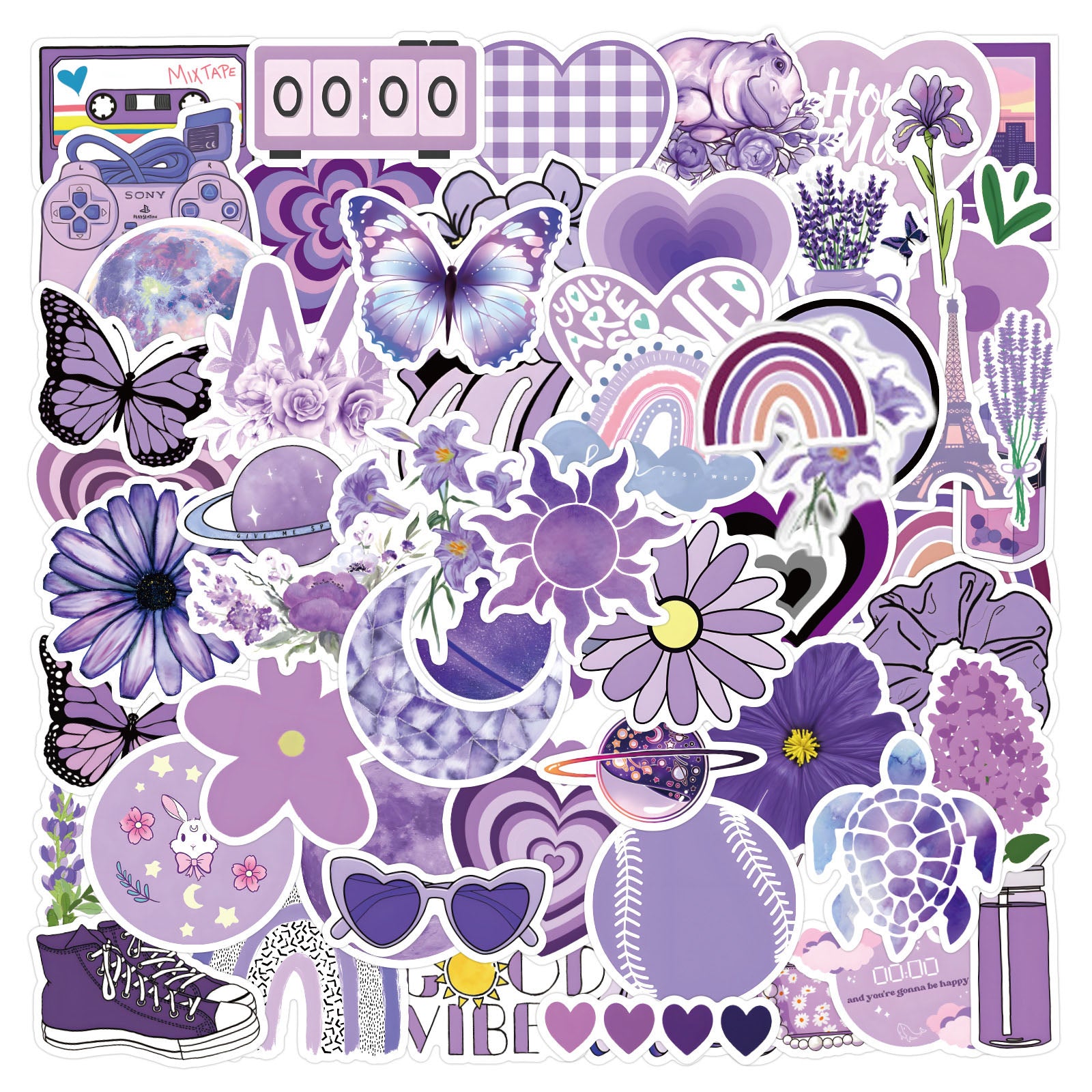 60pcs Purple Landscape Art Aesthetics Funny Cartoon Decals Waterproof Stickers