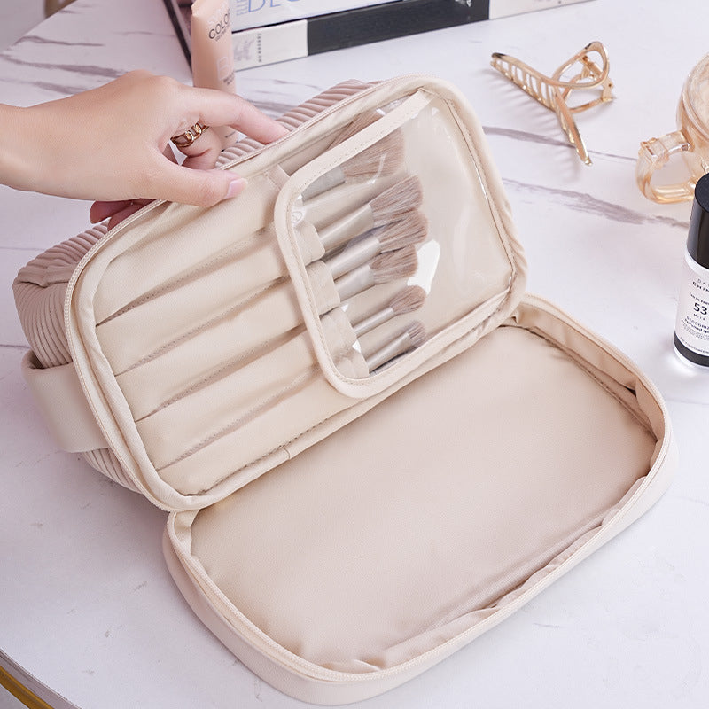 Large Capacity Travel Makeup Bag with Handle and Brush Compartment