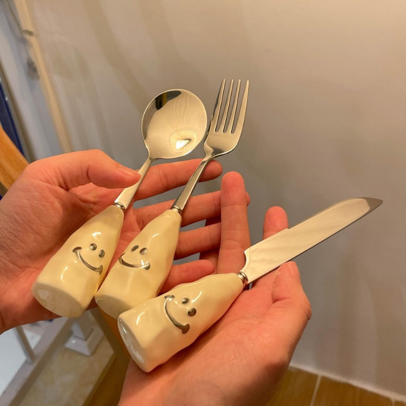 Kids Stainless Steel Fork & Spoon w/ Ceramic Handle Tableware