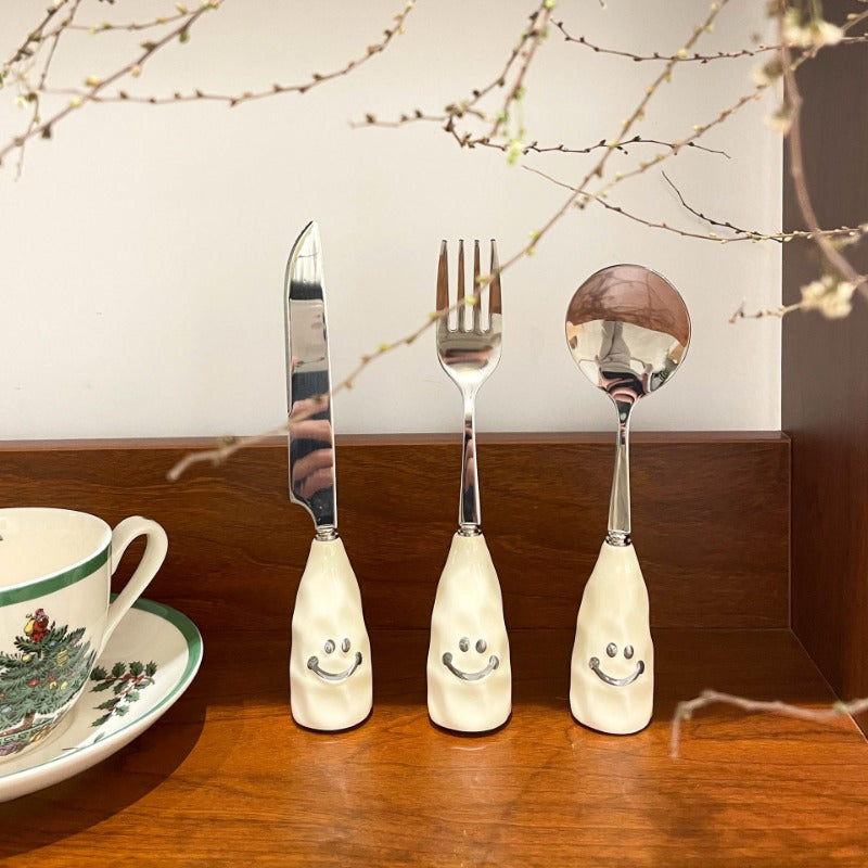 Kids Stainless Steel Fork & Spoon w/ Ceramic Handle Tableware