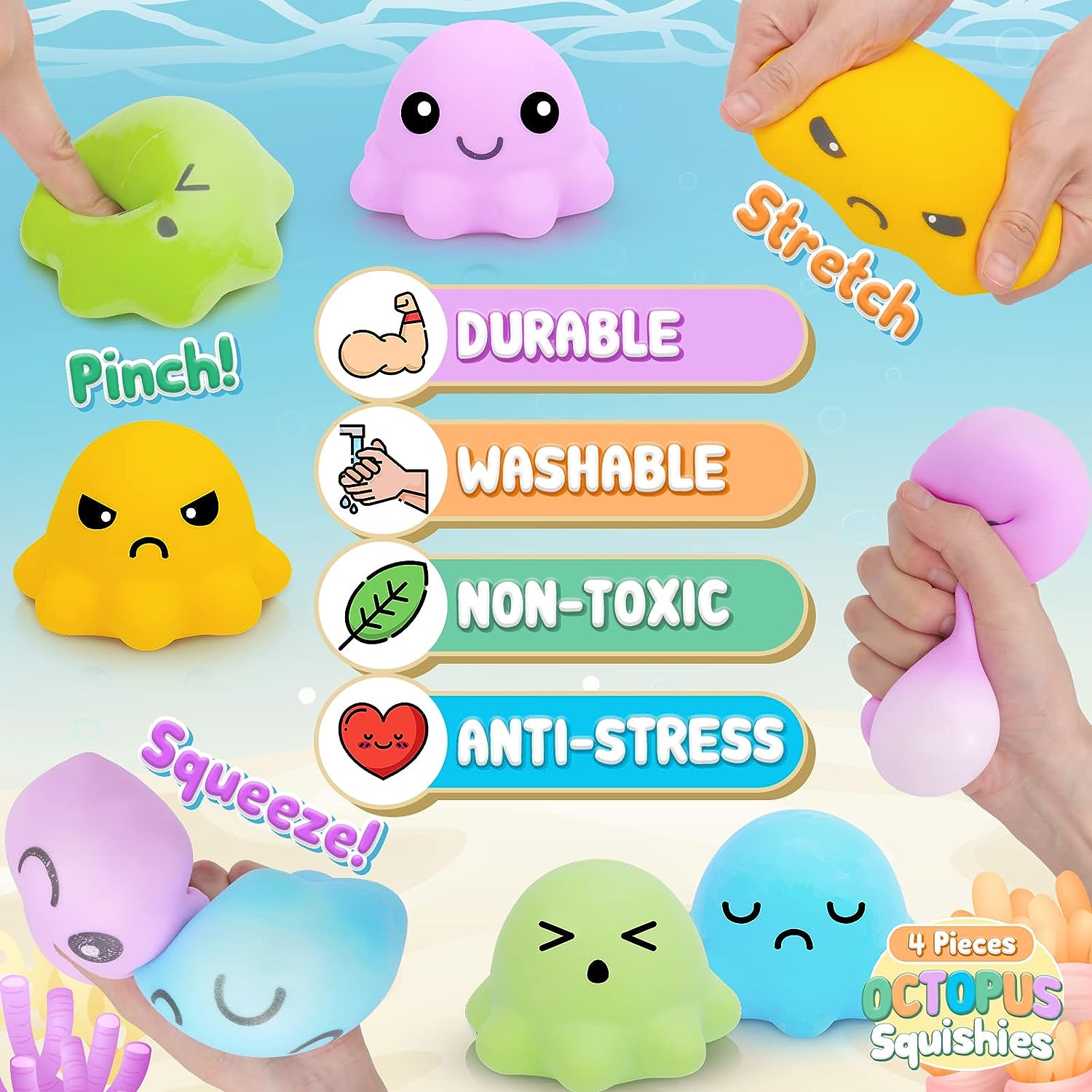 Octopus Squishy Stress Balls 4pcs Sensory Fidget Toys for Stress Relief