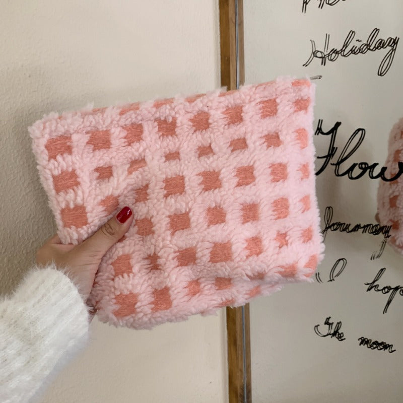 Waffle Plush Cosmetic Bag Large Capacity Travel Toiletry Storage Pouch