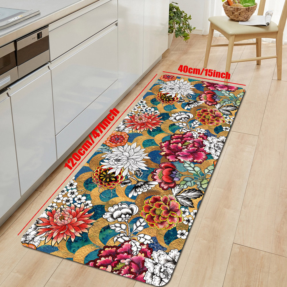 Vintage Plant Print Kitchen Floor Mat Flower Print Long Strip Floor Mat