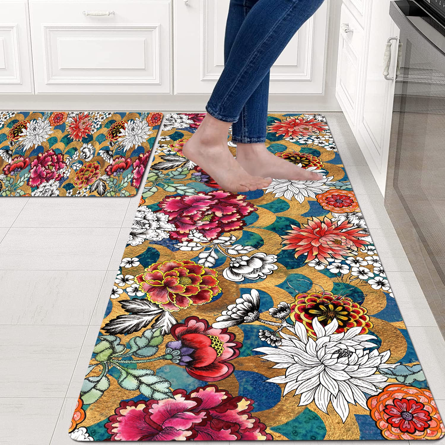 Vintage Plant Print Kitchen Floor Mat Flower Print Long Strip Floor Mat