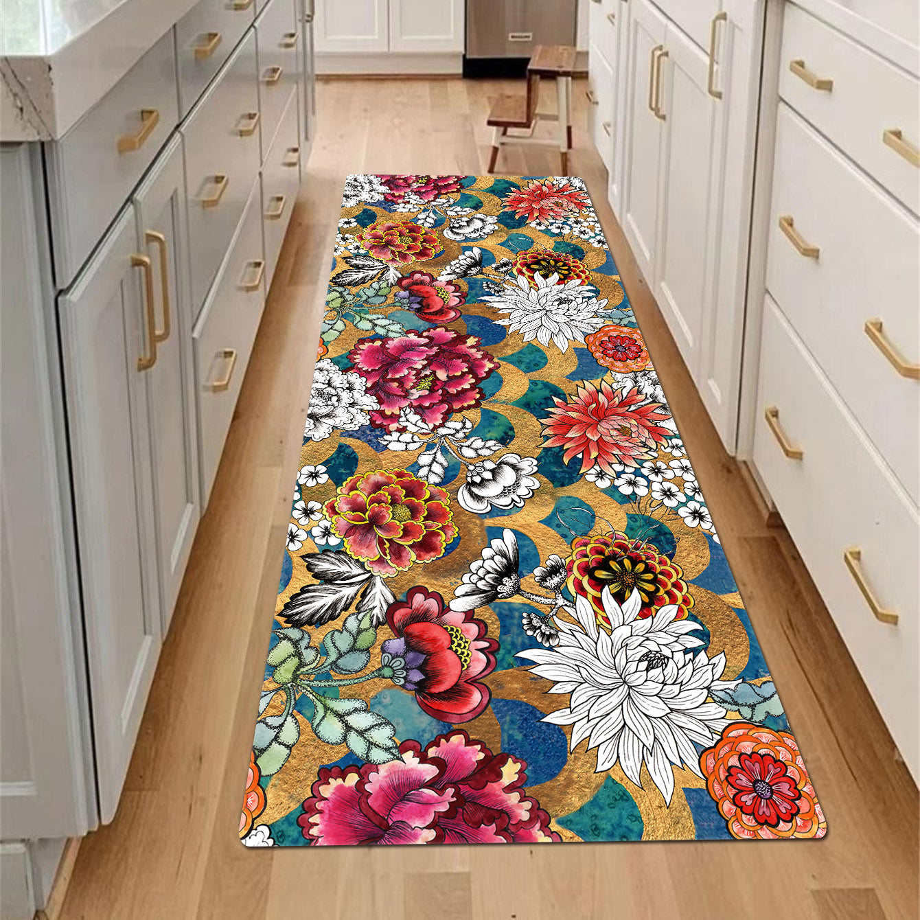 Vintage Plant Print Kitchen Floor Mat Flower Print Long Strip Floor Mat