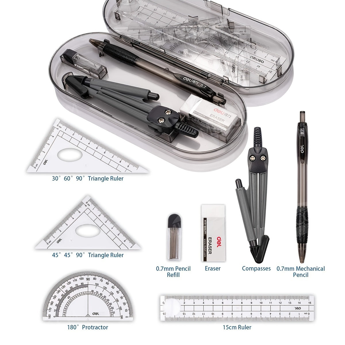 8pcs Compass Ruler Set Protractor Eraser Mechanical Pencil 0 7mm Lead Refills