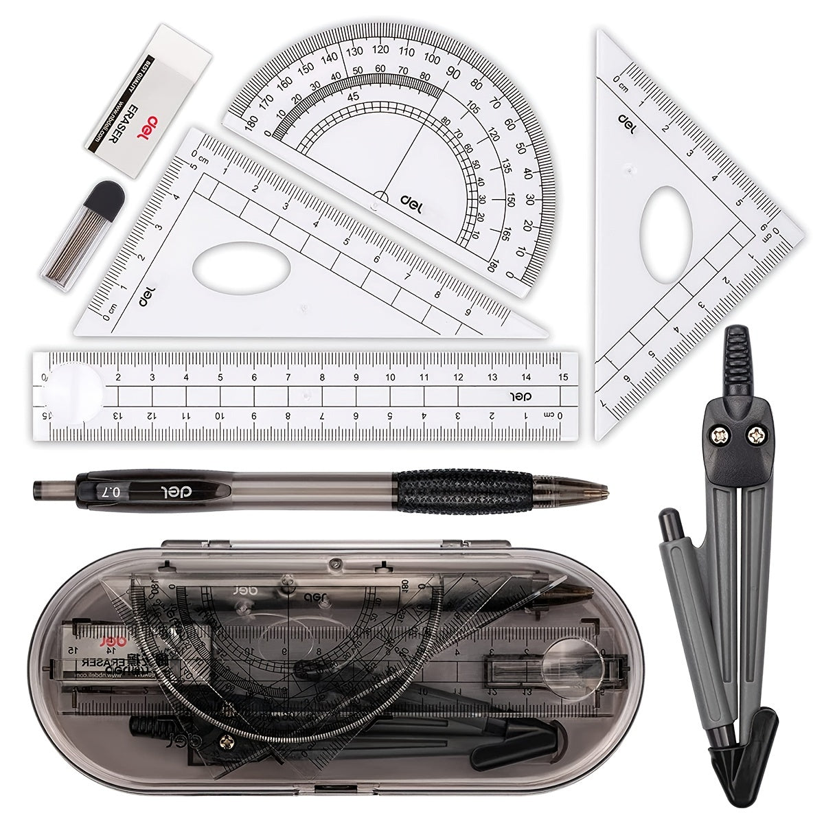 8pcs Compass Ruler Set Protractor Eraser Mechanical Pencil 0 7mm Lead Refills