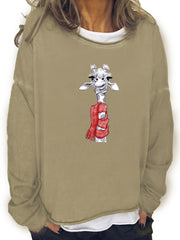 Christmas Giraffe Print Sweatshirt Long Sleeve Crew Neck Women's Clothing