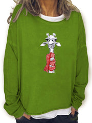 Christmas Giraffe Print Sweatshirt Long Sleeve Crew Neck Women's Clothing