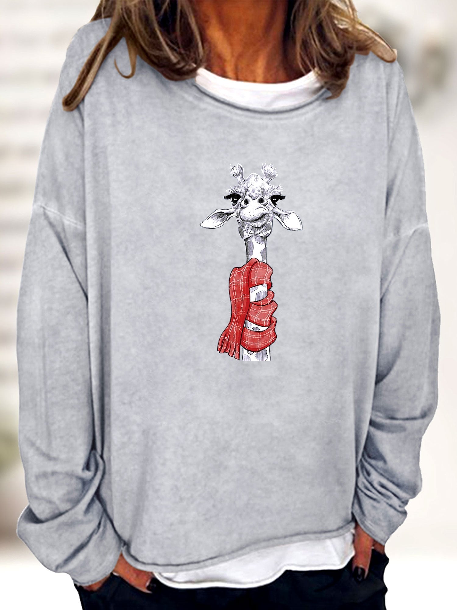 Christmas Giraffe Print Sweatshirt Long Sleeve Crew Neck Women's Clothing