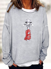 Christmas Giraffe Print Sweatshirt Long Sleeve Crew Neck Women's Clothing