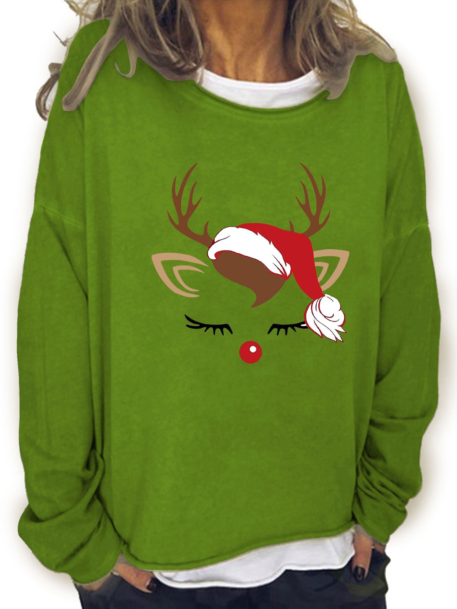 Christmas Elk Print Sweatshirt Crew Neck Long Sleeve Casual Women's Clothing